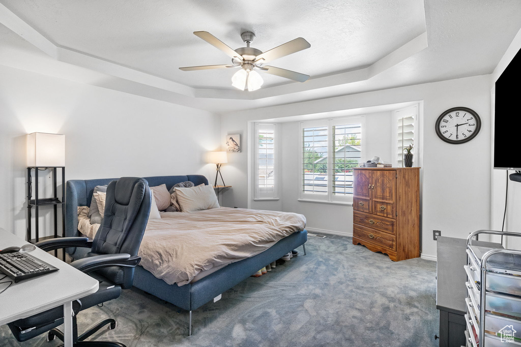 Bedroom featuring a raised ceiling, carpet flooring, ceiling fan, and an office area