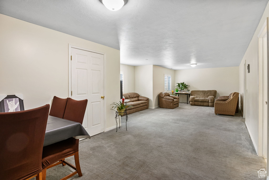 Dining space featuring carpet and baseboards