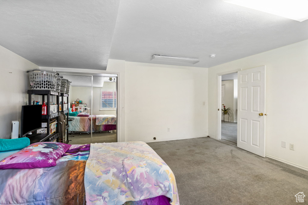 Bedroom featuring carpet, a closet, and a textured ceiling