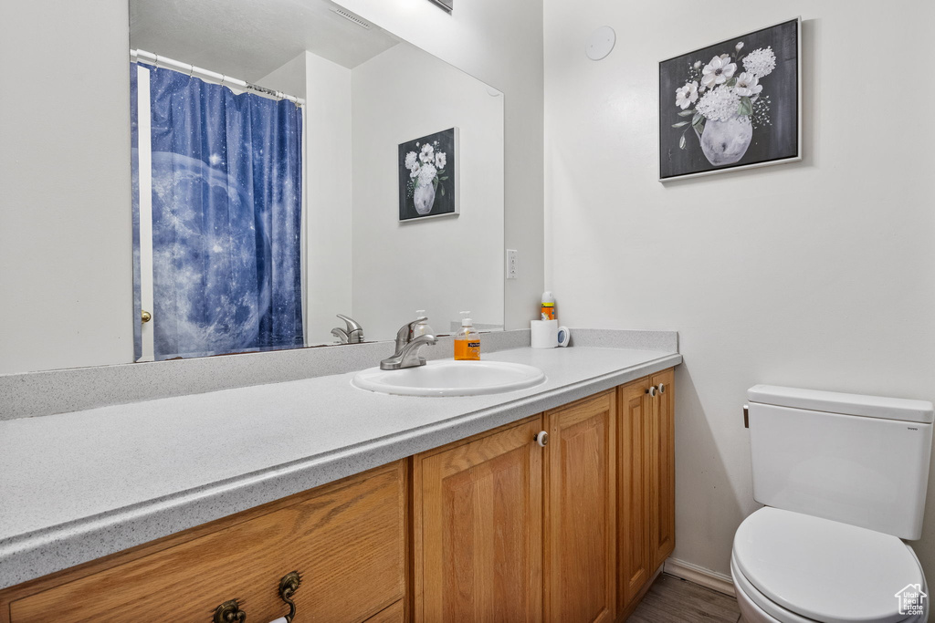 Bathroom with vanity, a shower with shower curtain, and wood finished floors