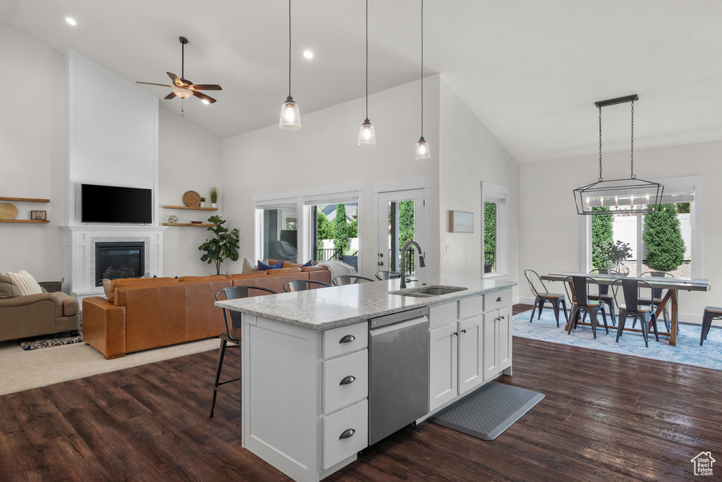 Kitchen with dishwasher, high vaulted ceiling, open floor plan, dark wood-style flooring, and healthy amount of natural light