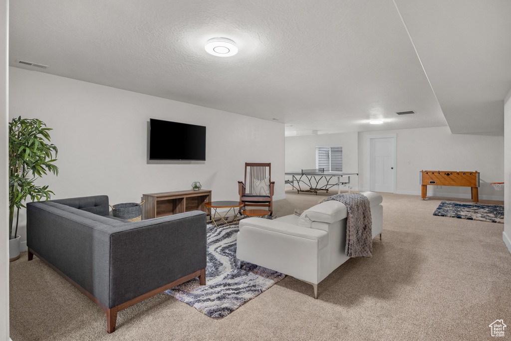 Carpeted living room featuring baseboards and a textured ceiling