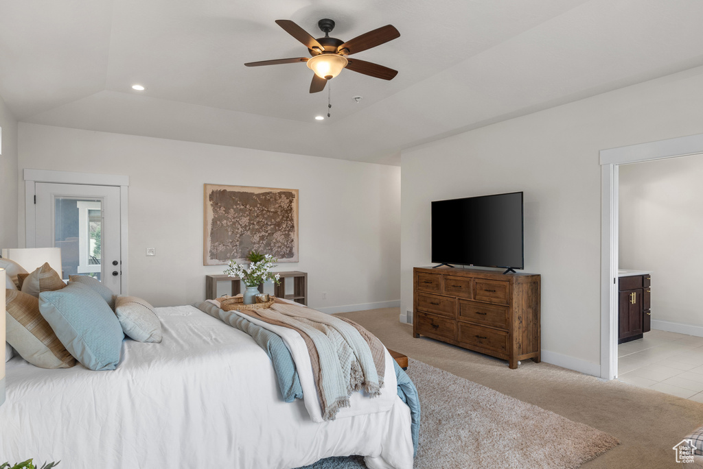 Bedroom featuring recessed lighting, light colored carpet, connected bathroom, and ceiling fan