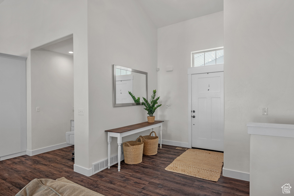 Entryway with wood finished floors and a towering ceiling
