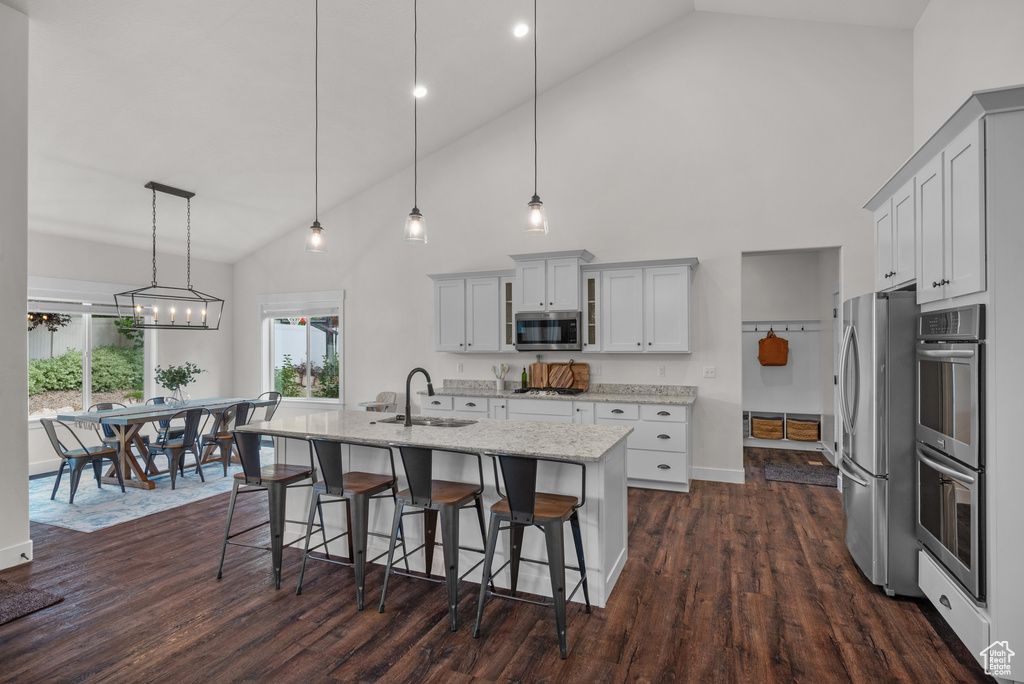 Kitchen with stainless steel appliances, a kitchen bar, light stone countertops, dark wood-type flooring, and high vaulted ceiling