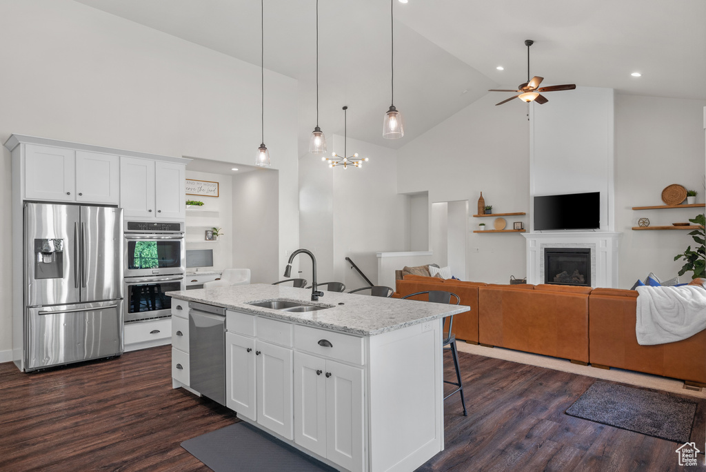 Kitchen with appliances with stainless steel finishes, high vaulted ceiling, dark wood-type flooring, an island with sink, and open floor plan