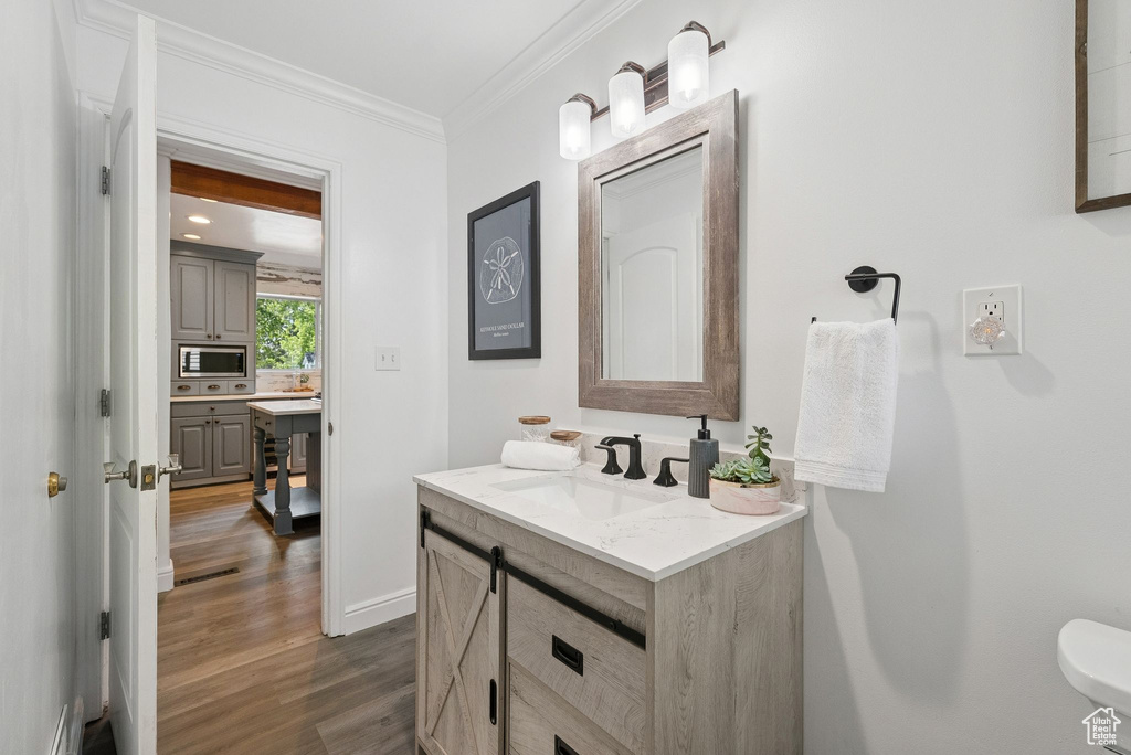 Bathroom with vanity, wood finished floors, and ornamental molding