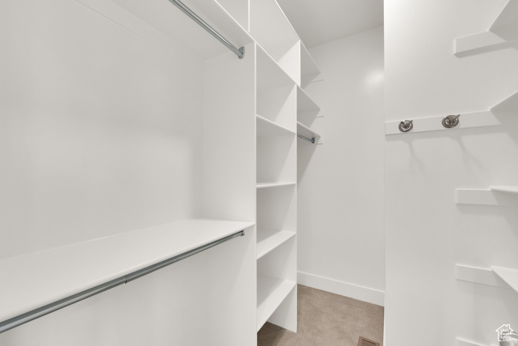 Spacious closet with light carpet