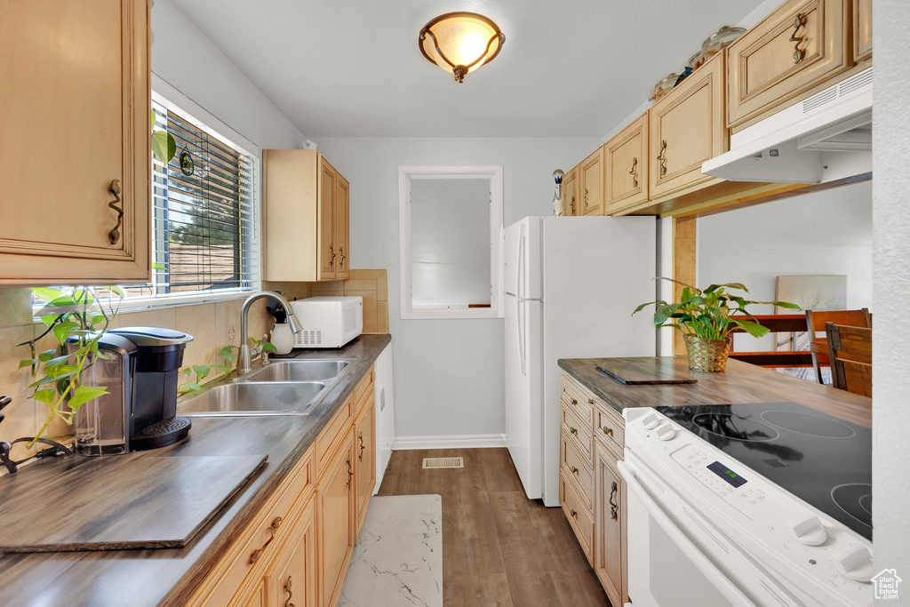 Kitchen featuring white appliances, dark countertops, dark wood-type flooring, under cabinet range hood, and decorative backsplash