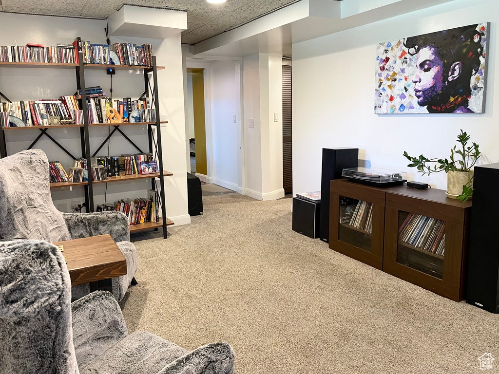 Sitting room with carpet flooring and a drop ceiling