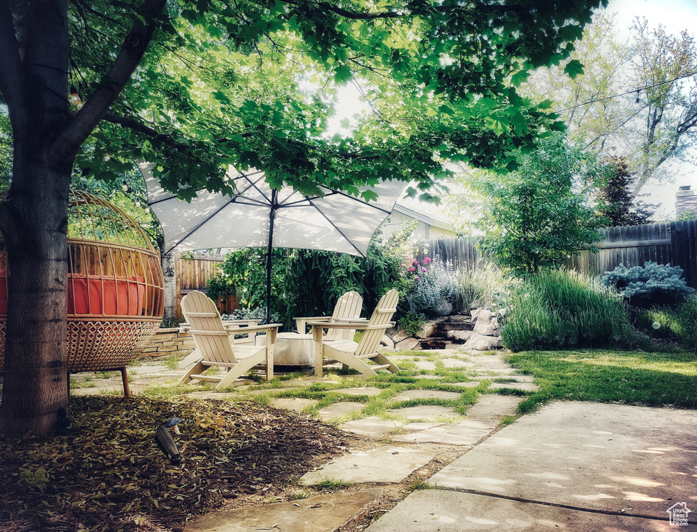 Fenced backyard featuring a patio