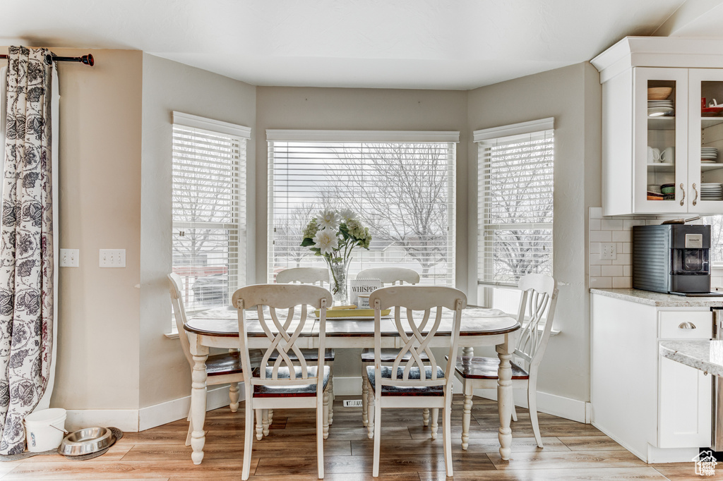 Dining room featuring light wood-style floors and baseboards