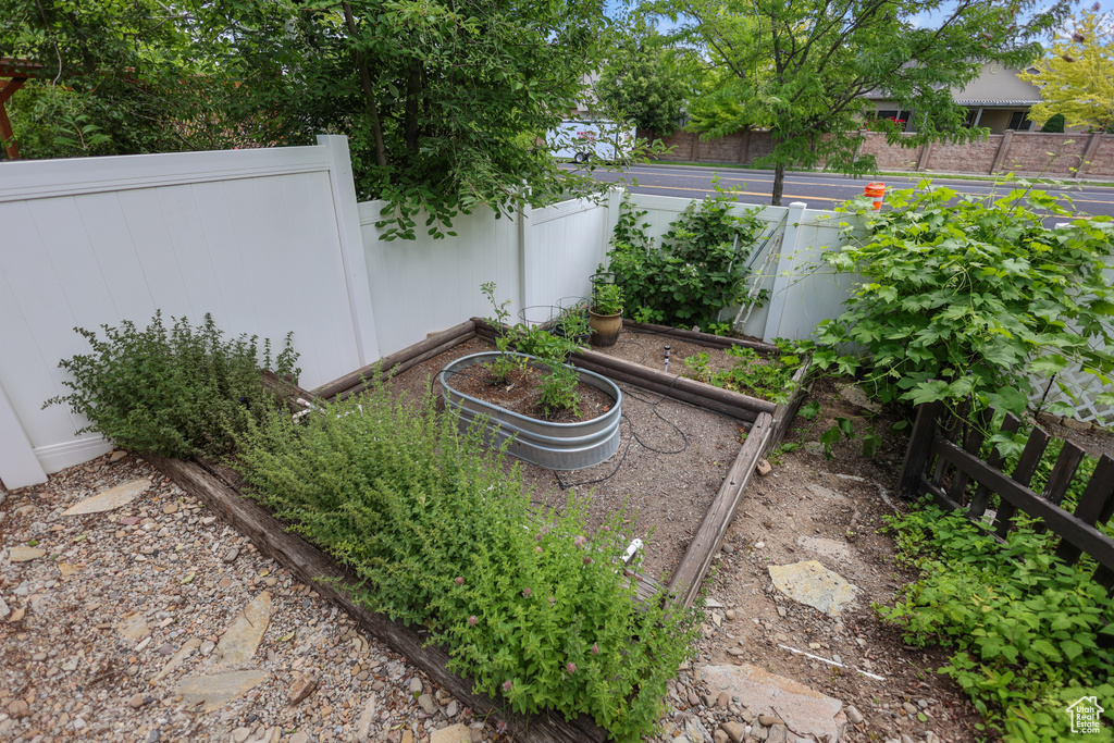 Fenced backyard with a garden