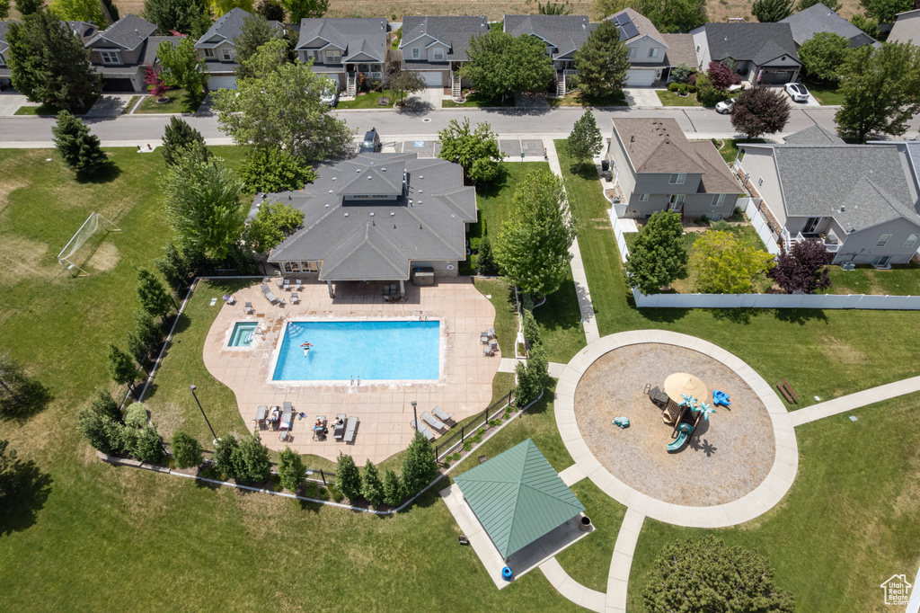 Aerial view of residential area with a pool