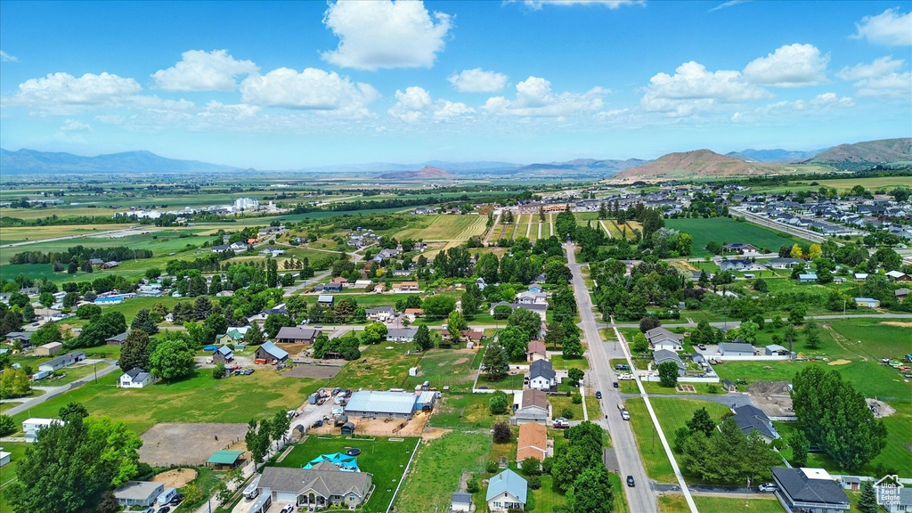 Aerial perspective of suburban area featuring mountains