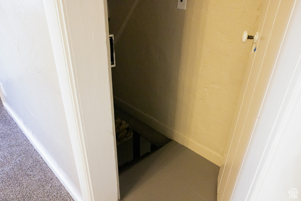 Detailed view of baseboards and carpet flooring