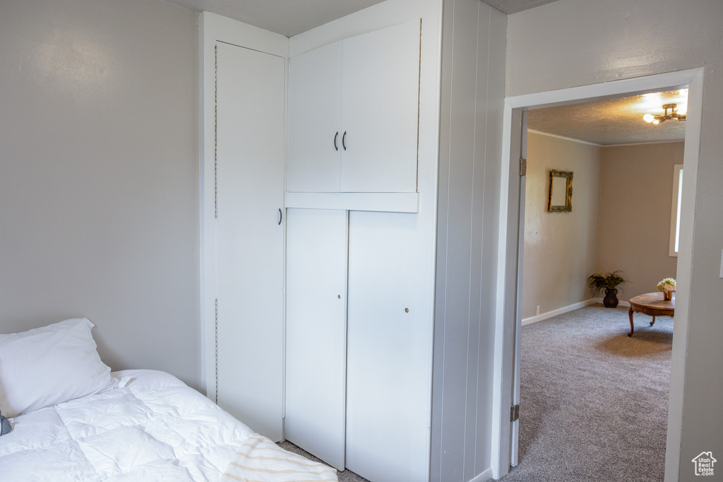 Bedroom with carpet floors and a closet