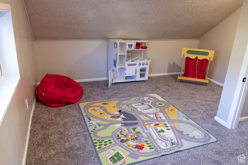 Rec room with a textured ceiling, carpet floors, and vaulted ceiling