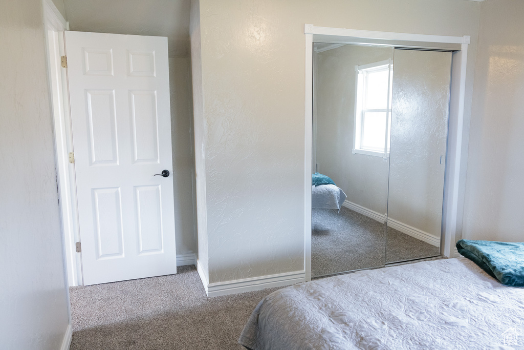 Bedroom featuring carpet flooring and a closet