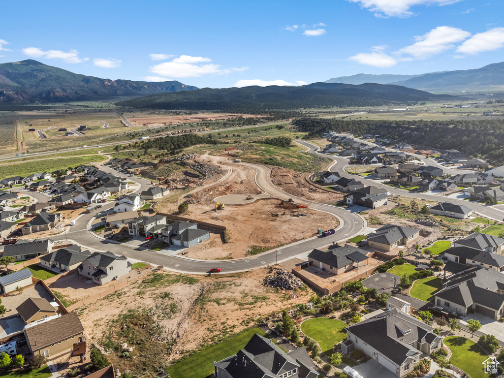 Aerial perspective of suburban area with mountains