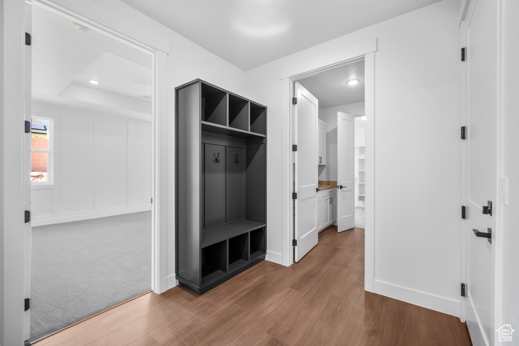 Mudroom with wood finished floors and recessed lighting