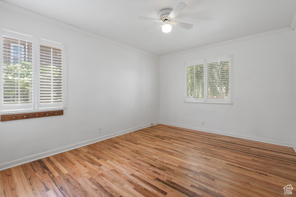 Spare room with ornamental molding, light wood-type flooring, and a ceiling fan