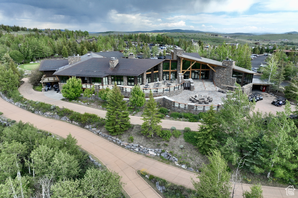 View from above of property featuring a mountainous background