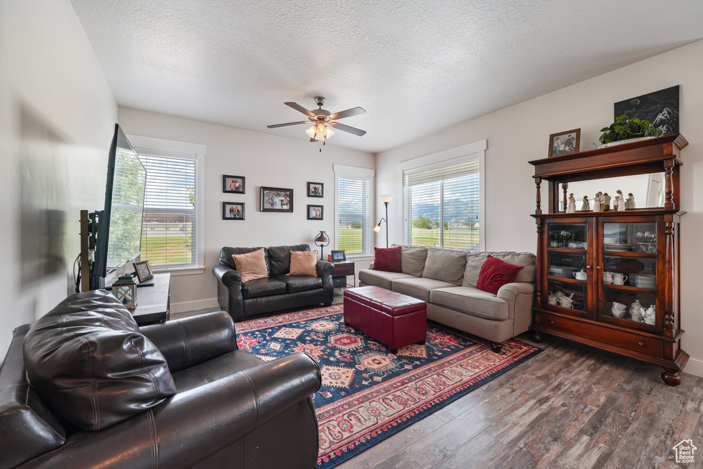 Living area with healthy amount of natural light, a ceiling fan, dark wood-type flooring, and a textured ceiling