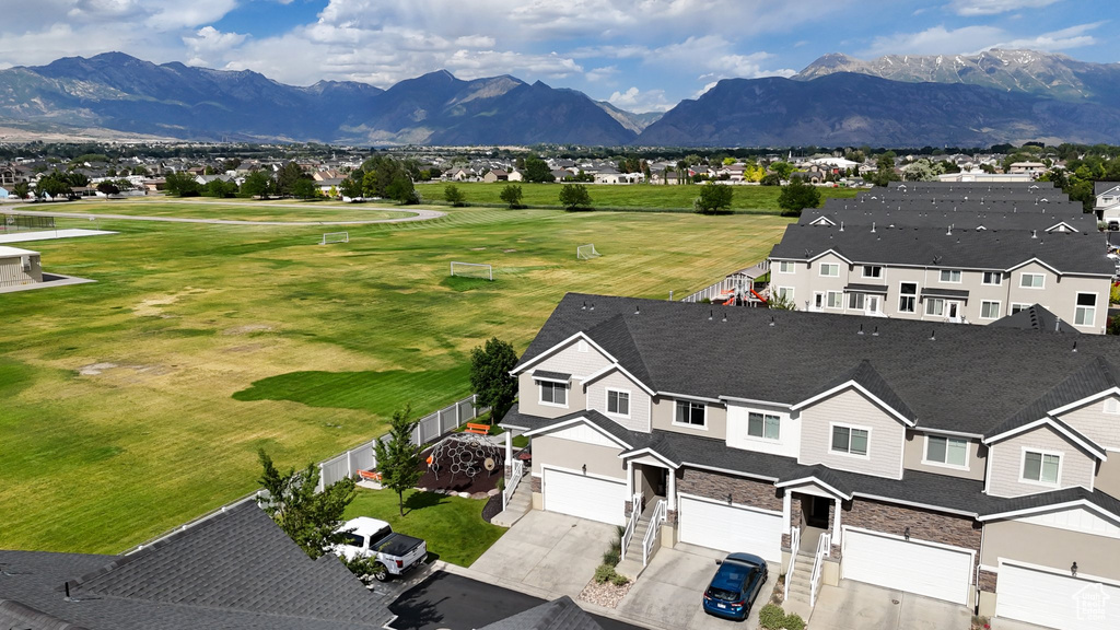 Aerial view of residential area with mountains