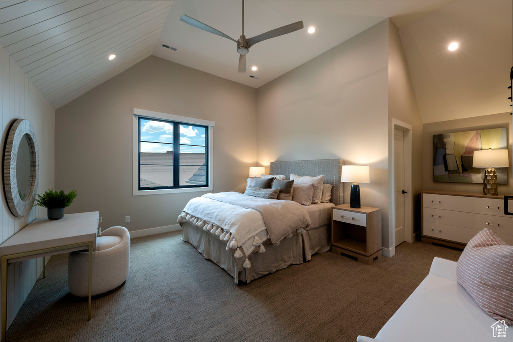 Bedroom featuring vaulted ceiling, light carpet, a ceiling fan, and recessed lighting