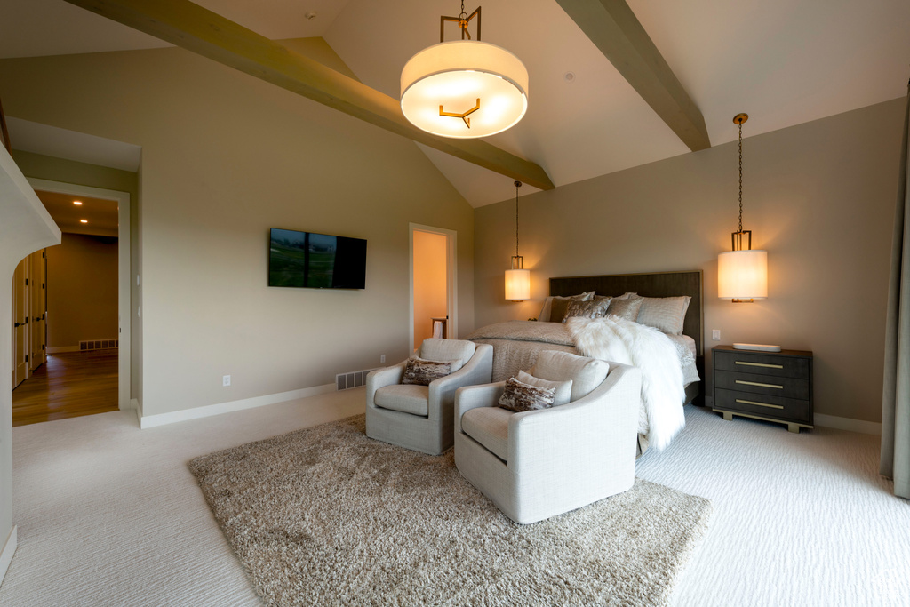 Bedroom with carpet floors, high vaulted ceiling, and recessed lighting