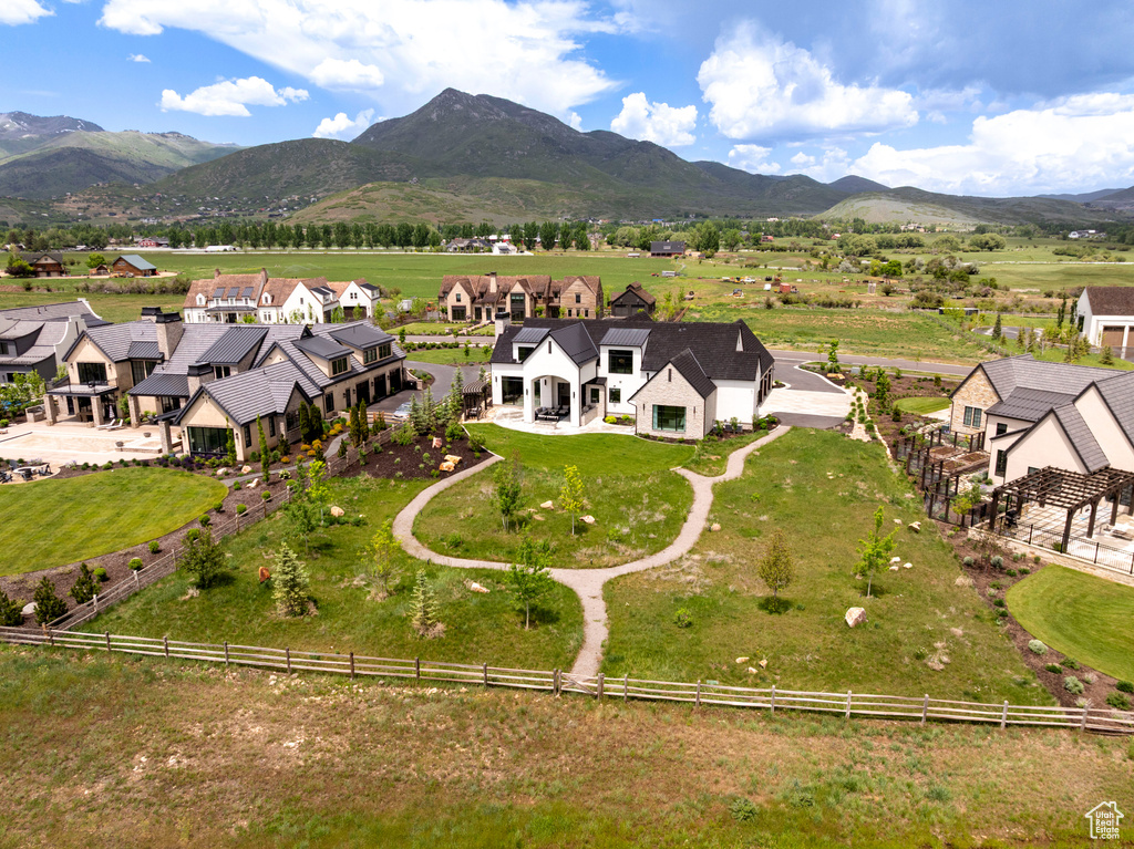 Aerial view of residential area with mountains