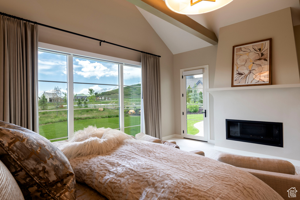 Bedroom with access to outside, a glass covered fireplace, and high vaulted ceiling