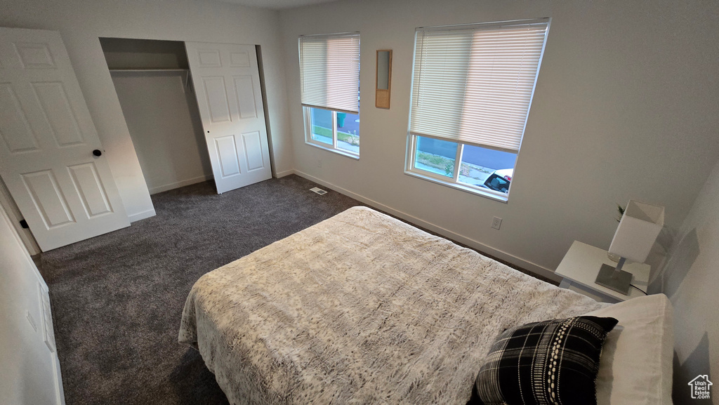 Bedroom with dark colored carpet, multiple windows, and a closet