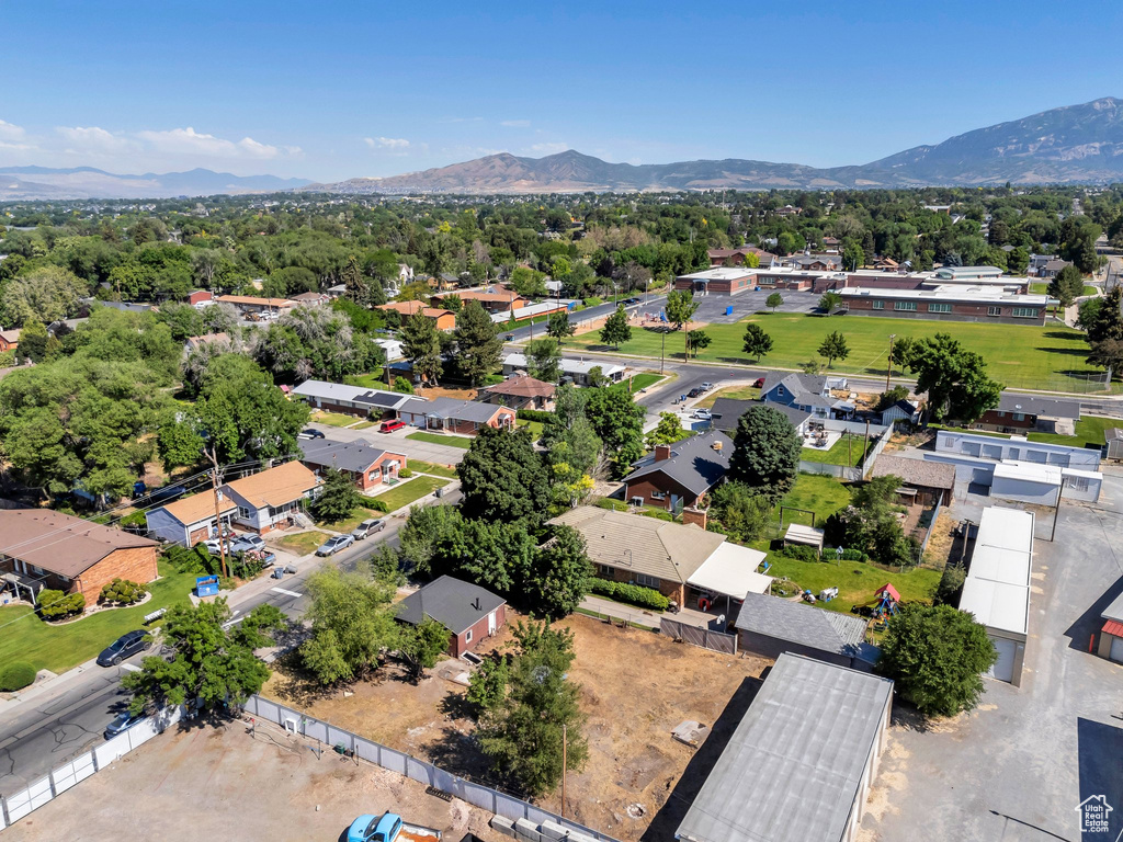 Aerial perspective of suburban area with mountains