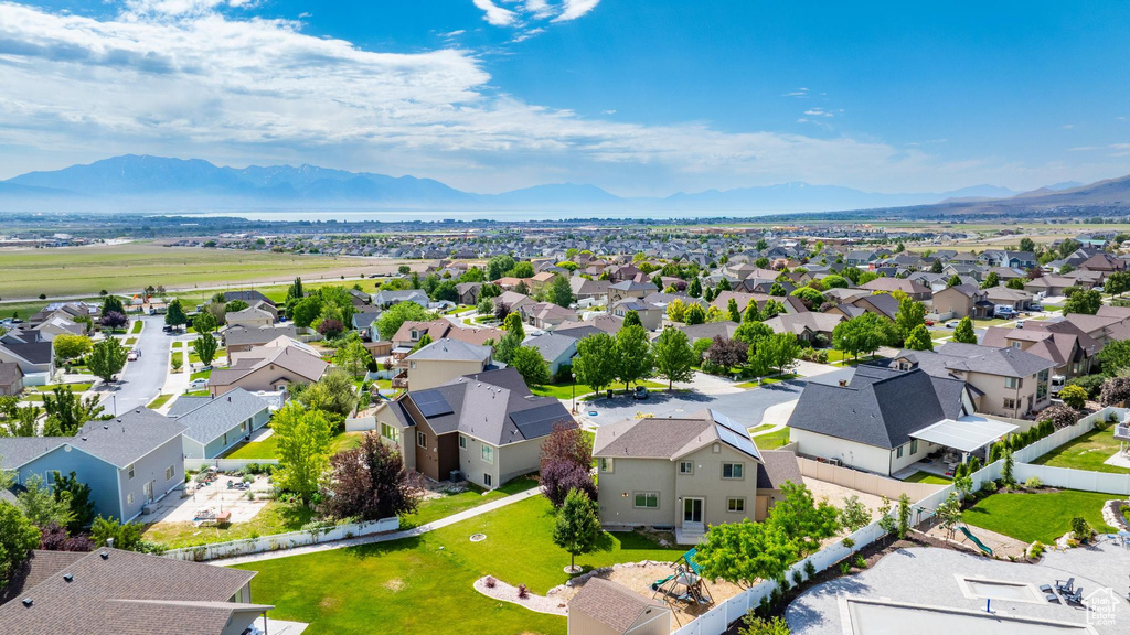 Aerial perspective of suburban area with mountains