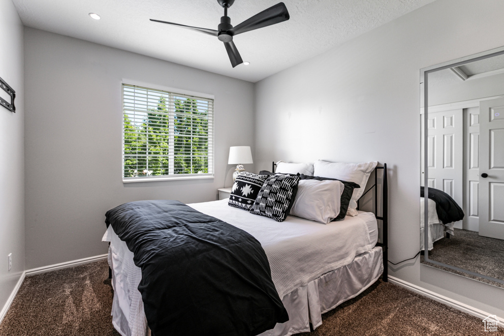 Bedroom with carpet floors, a ceiling fan, and a closet