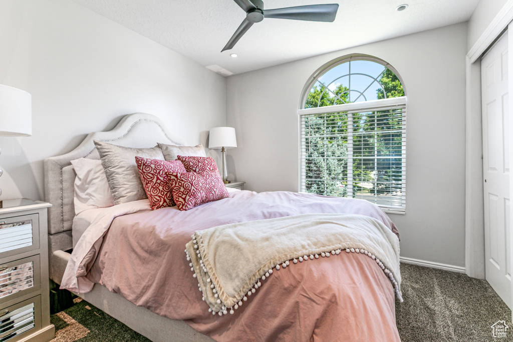 Bedroom with carpet, multiple windows, recessed lighting, a ceiling fan, and a closet