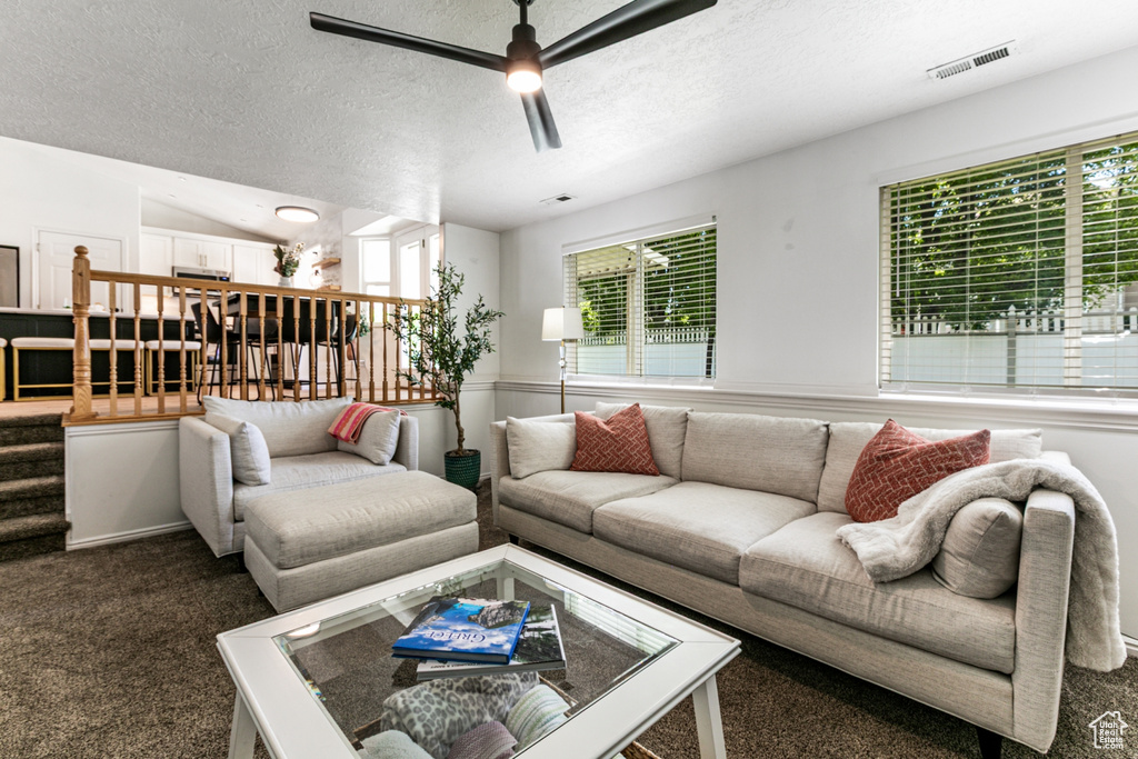 Living area featuring dark colored carpet, plenty of natural light, a textured ceiling, and ceiling fan