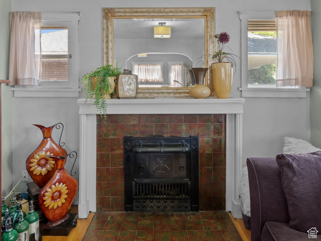 Detailed view of a tiled fireplace