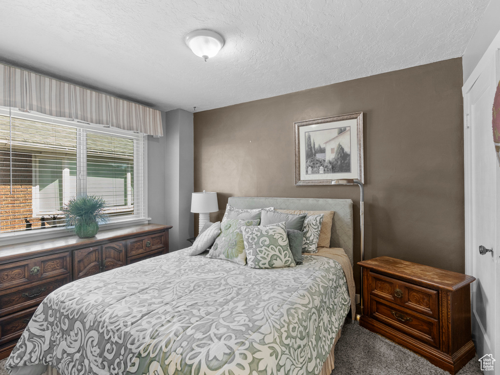 Carpeted bedroom with a textured ceiling