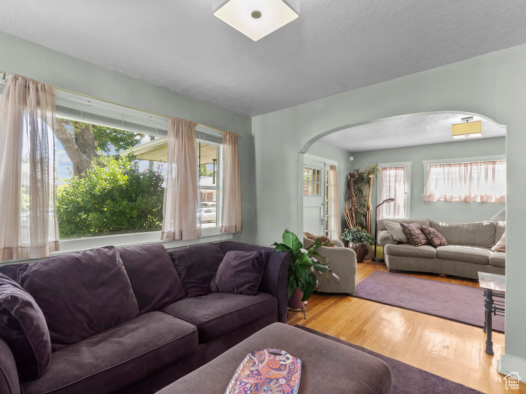 Living area featuring arched walkways and wood finished floors