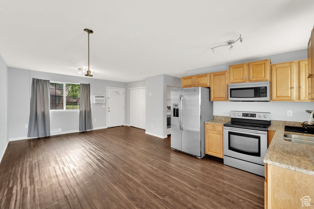 Kitchen with appliances with stainless steel finishes, light brown cabinets, and dark wood-style flooring
