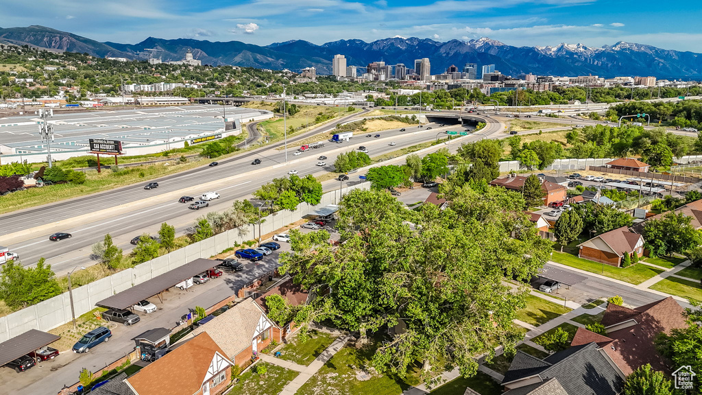 View of urban area with a mountain backdrop