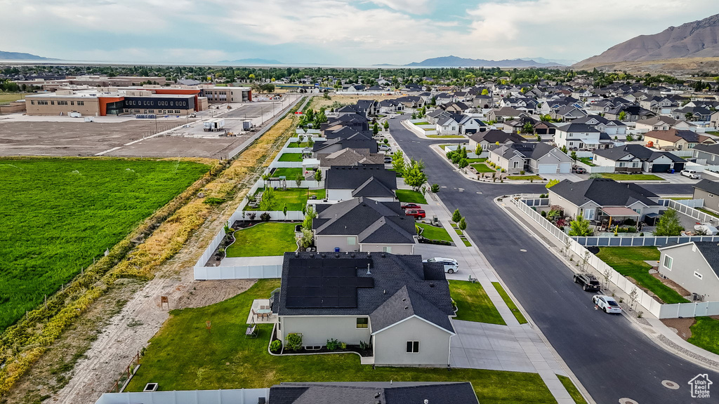 Aerial perspective of suburban area featuring mountains