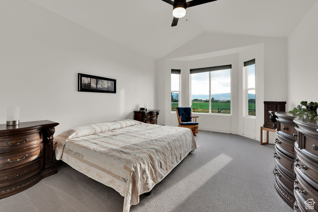 Bedroom featuring carpet floors, vaulted ceiling, and a ceiling fan