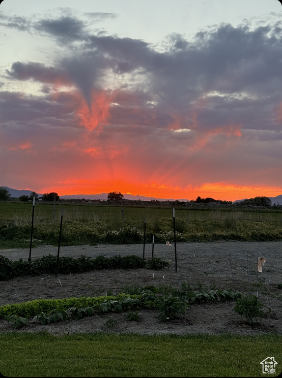 Yard at dusk featuring a view of countryside
