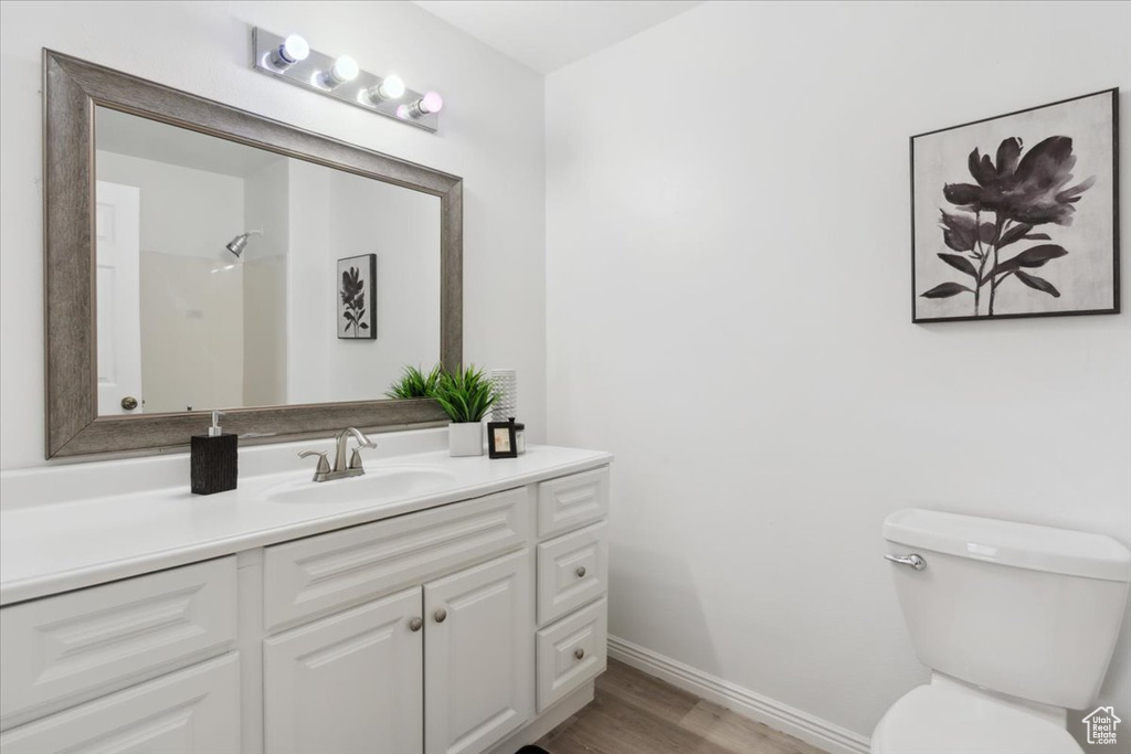 Bathroom with vanity, wood finished floors, and a shower