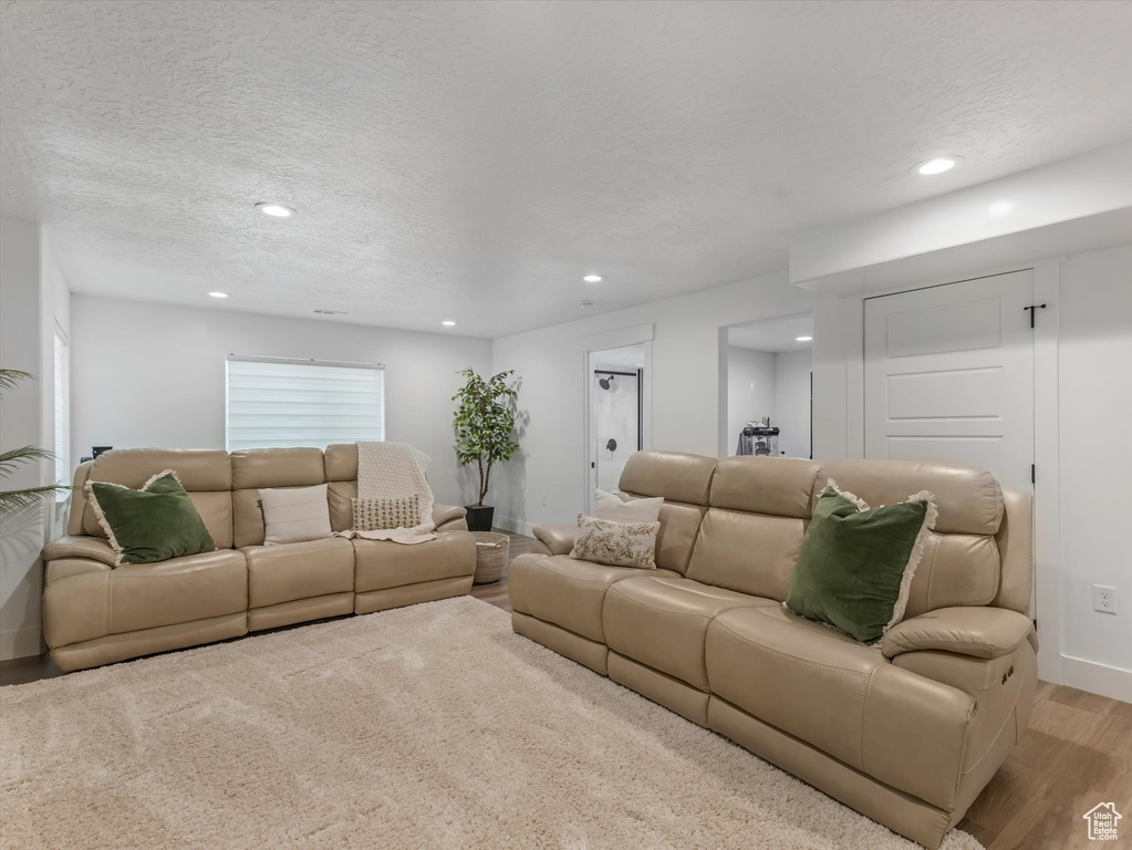 Living room featuring wood finished floors, recessed lighting, and a textured ceiling