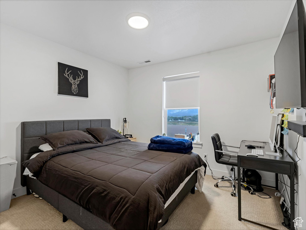 Bedroom with light colored carpet and an office area